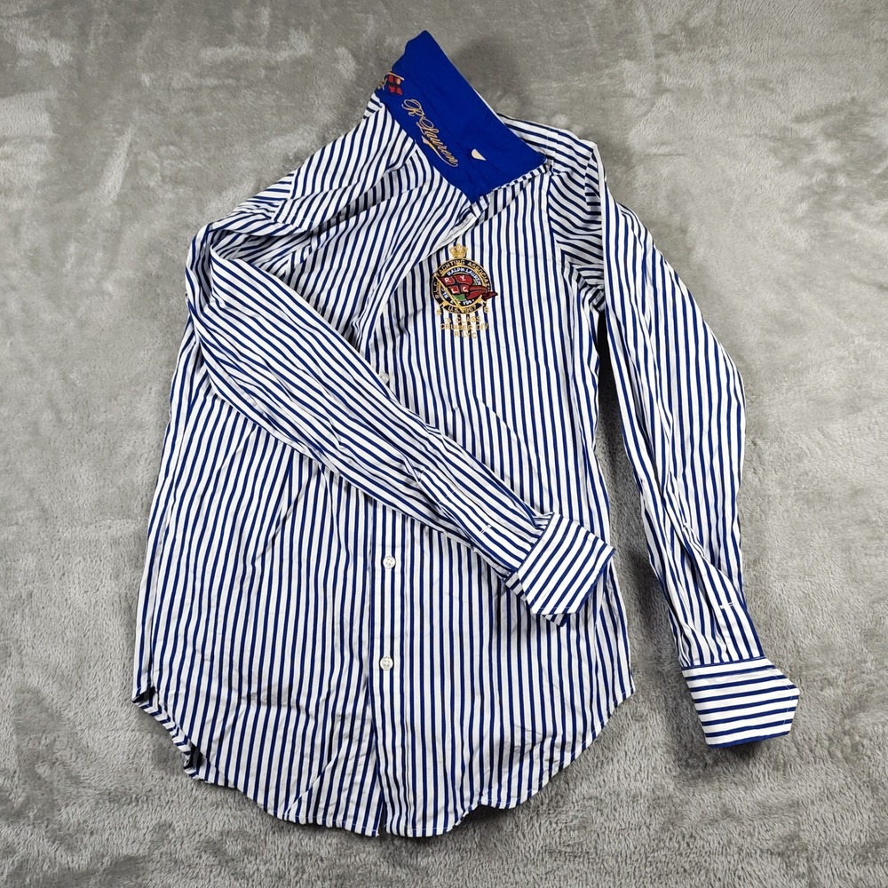 Ralph Lauren Shirt Womens 8 Blue White Striped Yachting Crest Button Up Nautical - Picture 1 of 16